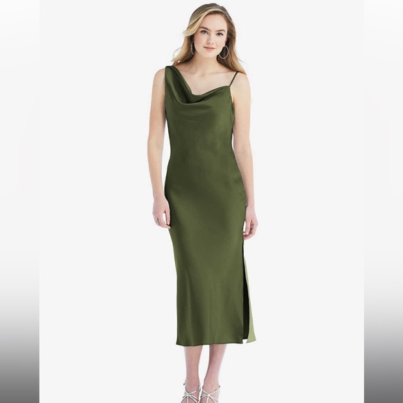 ASYMMETRICAL ONE-SHOULDER COWL MIDI SLIP DRESS IN OLIVE GREEN - Picture 2 of 9